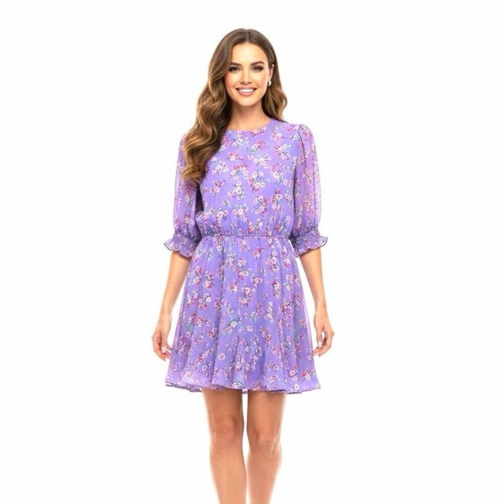 CODE X MODE Women Medium Purple Floral Tie Back Cut Out Chiffon Mini Dress